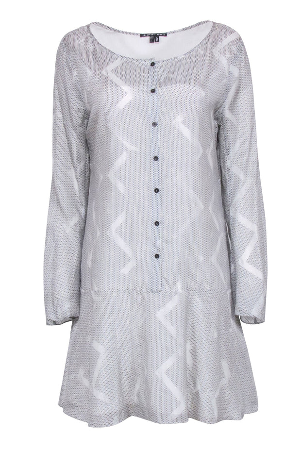 Current Boutique-Theyskens' Theory - White & Blue Print Long Sleeve Drop Waist Dress Sz L