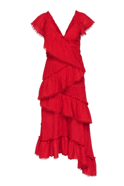 Current Boutique-Three Floor - Red Textured Off The Shoulder Tiered Gown Sz 2