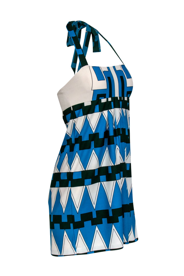 Current Boutique-Tibi - Blue, Green, & Ivory Halter w/ Geometric Print Mini Dress Sz S