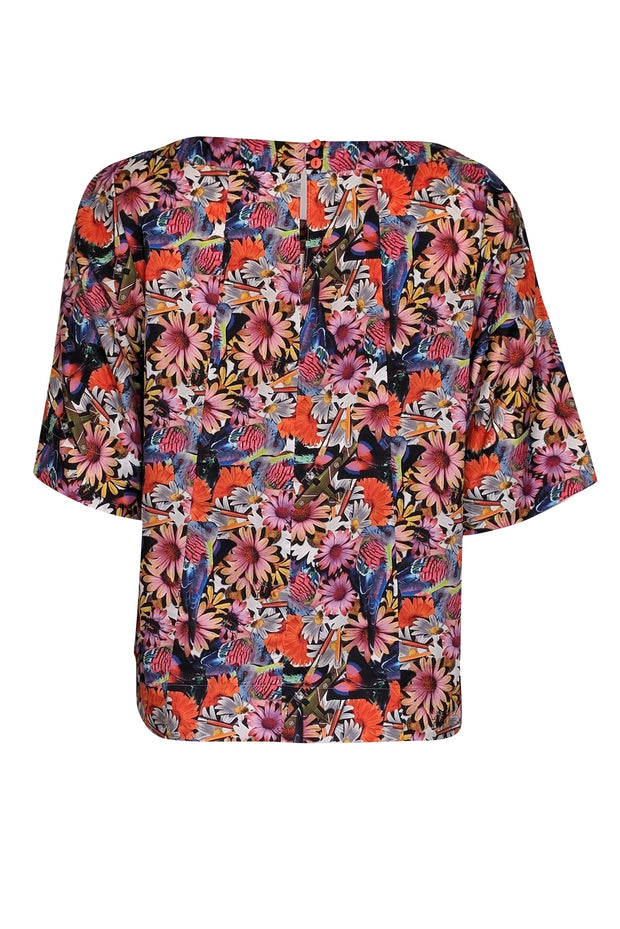 Current Boutique-Tibi - Pink, Black, & Multi Color Floral & Bird Print Cropped Sleeve Top Sz XS