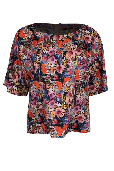 Current Boutique-Tibi - Pink, Black, & Multi Color Floral & Bird Print Cropped Sleeve Top Sz XS