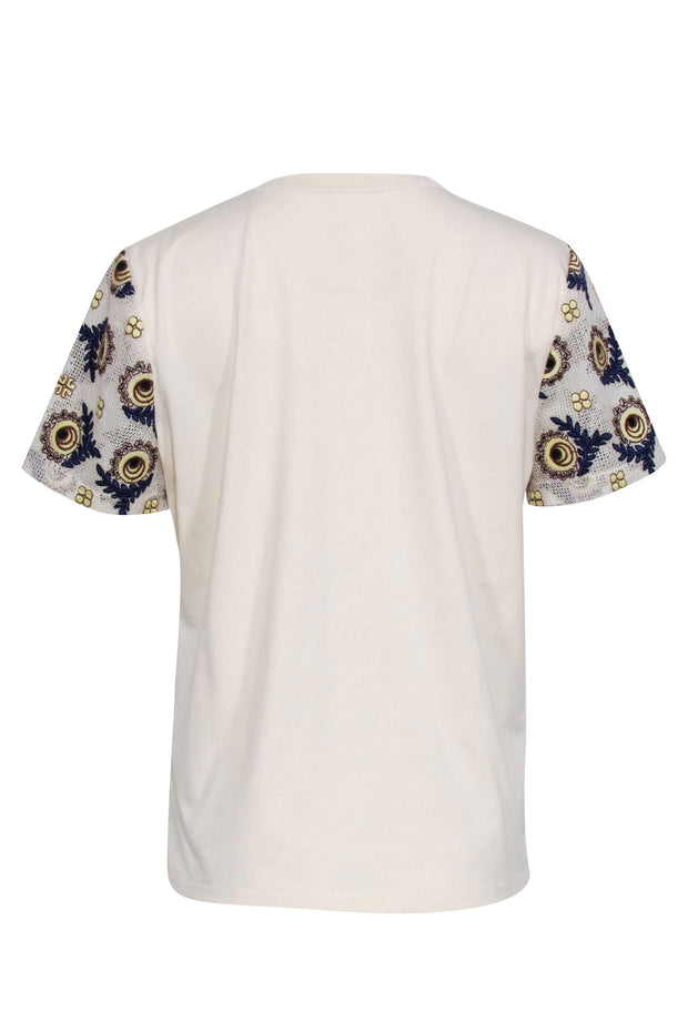 Current Boutique-Tory Burch - Beige, Blue, & Cream Embroidered Print Shirt Sz L