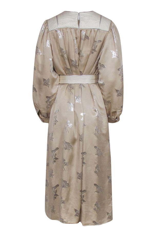 Current Boutique-Tory Burch - Beige & Cream Silk Maxi Dress w/ Silver Metallic Embroidery Sz L