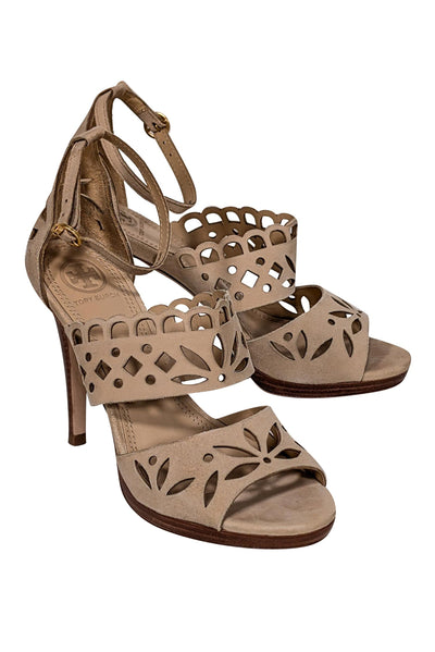 Current Boutique-Tory Burch - Beige Laser Cut Print Open Toe Pumps Sz 7