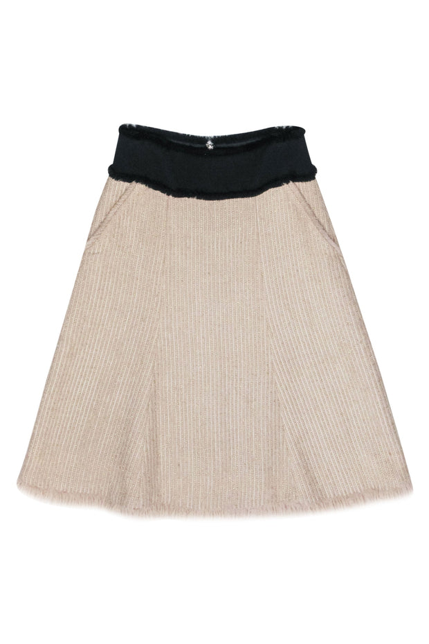 Current Boutique-Tory Burch - Beige & Metallic Gold Tweed Skirt Fringe Trim Skirt Sz 6