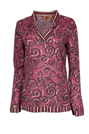 Current Boutique-Tory Burch - Berry Purple, Maroon, & Beige Paisley Print Sequin Embellished Top Sz 6