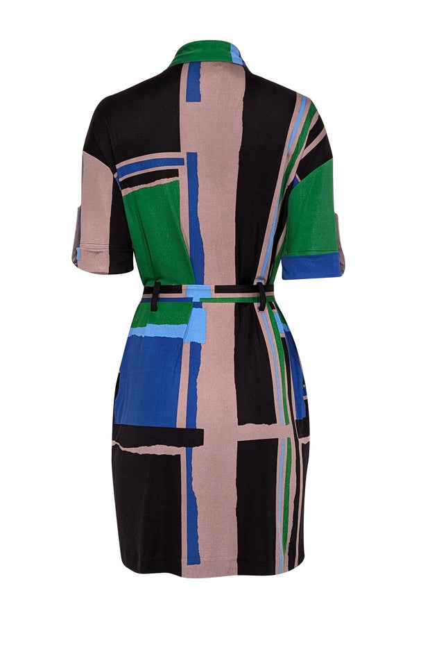 Current Boutique-Tory Burch - Black, Blue, Green, & Taupe Color Block Collared Cropped Sleeve Dress Sz XS