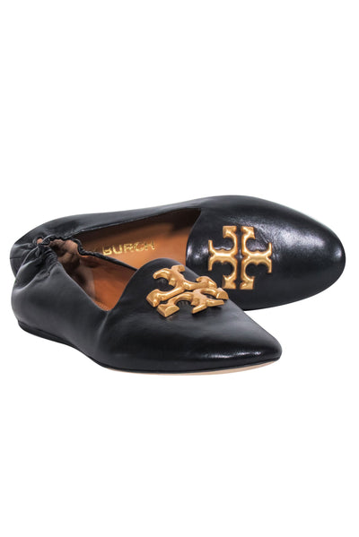 Current Boutique-Tory Burch - Black Leather Flats w/ Large Gold Logo Toe Sz 8.5