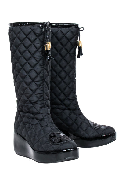 Current Boutique-Tory Burch - Black Quilted Tall Weather Boots Sz 7.5