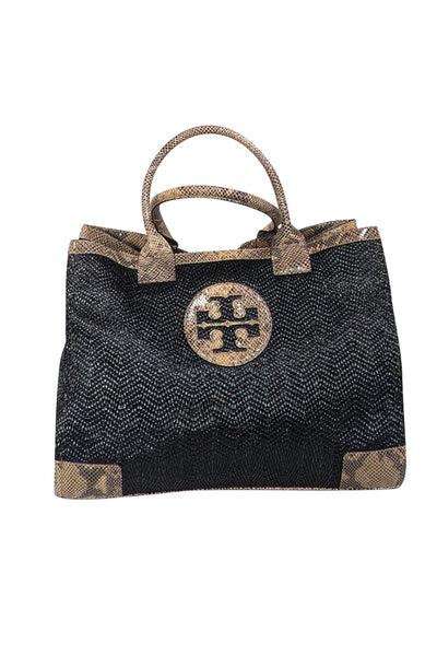 Current Boutique-Tory Burch - Black Raffia Tote w/ Beige Snakeskin Embossed Leather Trim