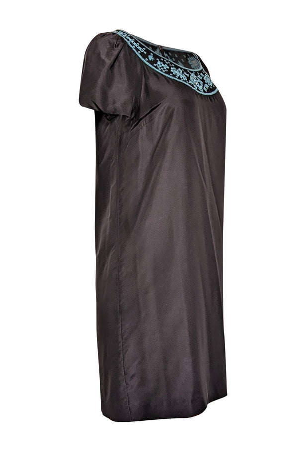 Current Boutique-Tory Burch - Black Silk Shift Dress w/ Turquoise Embroidery Sz 4