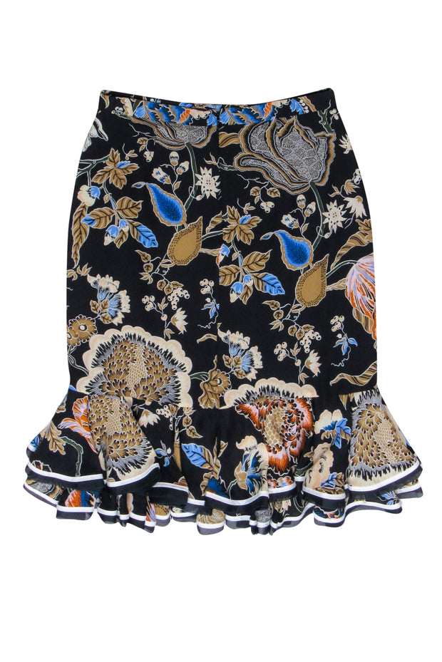 Current Boutique-Tory Burch - Black w/ Blue & Beige Botanical Print Silk Skirt Sz 6