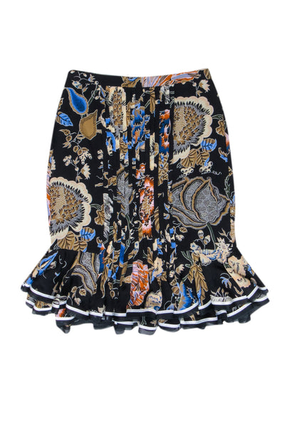 Tory Burch - Black w/ Blue & Beige Botanical Print Silk Skirt Sz 6