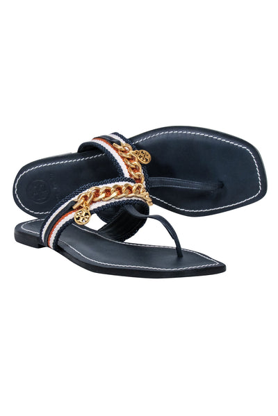 Current Boutique-Tory Burch - Dark Navy Leather "Benton" Sandals w/ Chain Band Sz 8