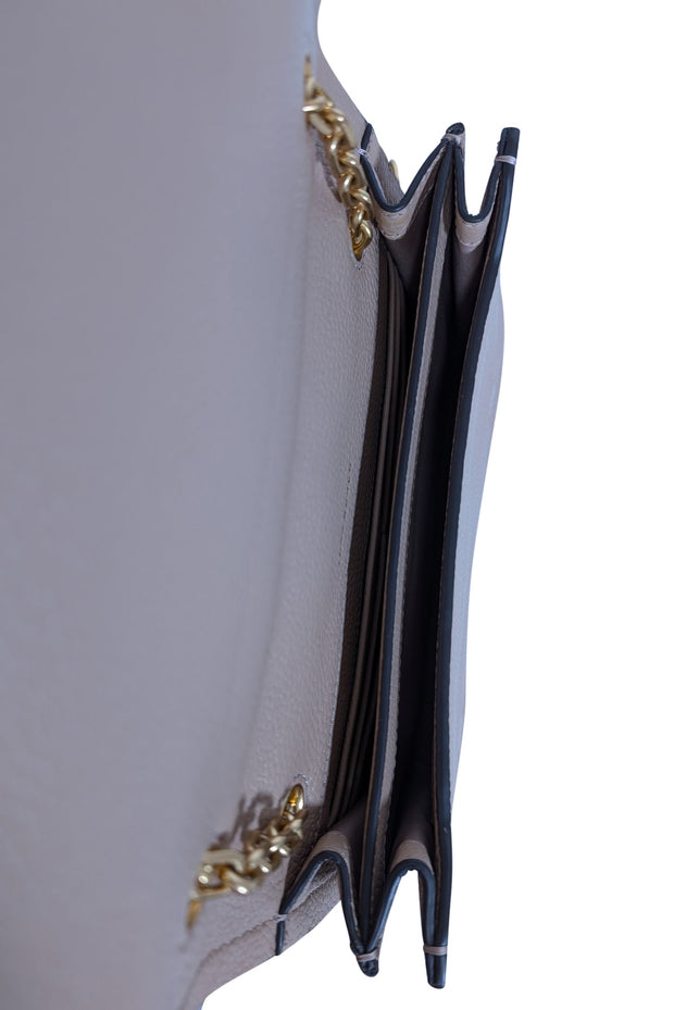 Current Boutique-Tory Burch - Deep Beige Pebbled Leather Crossbody w/ Gold Chain Strap