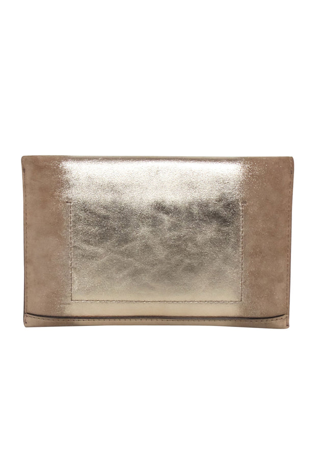Current Boutique-Tory Burch - Gold & Beige Leather & Suede Fold Over Clutch