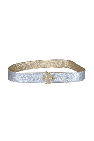 Current Boutique-Tory Burch - Gold & Silver Leather Reversible Belt w/ Logo Buckle Sz M