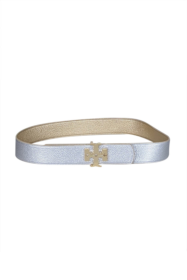 Current Boutique-Tory Burch - Gold & Silver Leather Reversible Belt w/ Logo Buckle Sz M