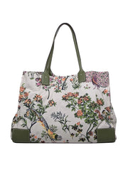 Current Boutique-Tory Burch - Ivory, Green, & Pink Floral Peacock Print Tote Bag