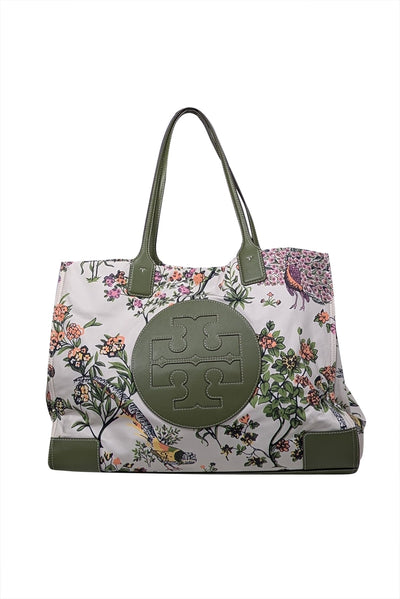 Current Boutique-Tory Burch - Ivory, Green, & Pink Floral Peacock Print Tote Bag