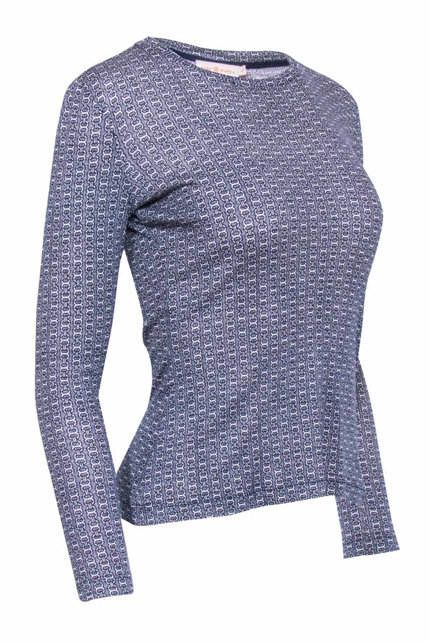 Current Boutique-Tory Burch - Navy & Cream Print Long Sleeve Top Sz S