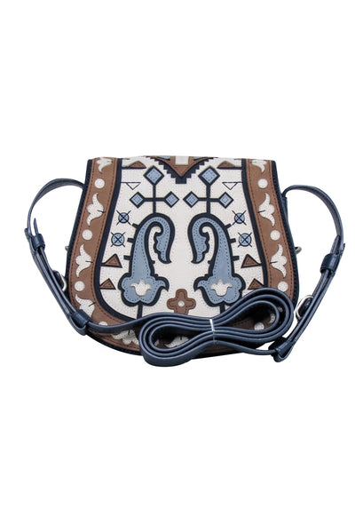 Current Boutique-Tory Burch - Navy, Cream, & Tan Print Leather Crossbody Bag