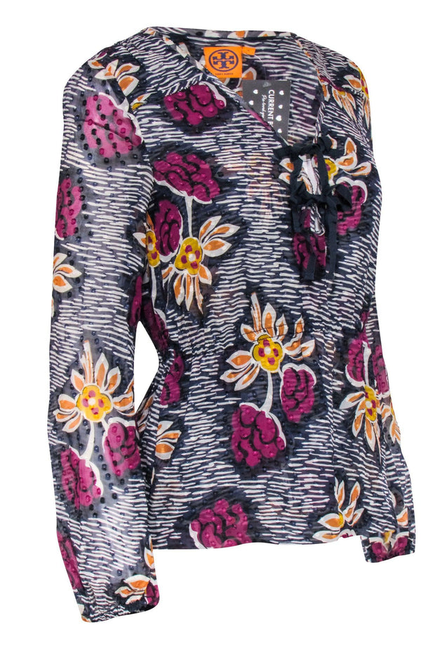 Current Boutique-Tory Burch - Navy Floral Print Silk Blouse Sz 4