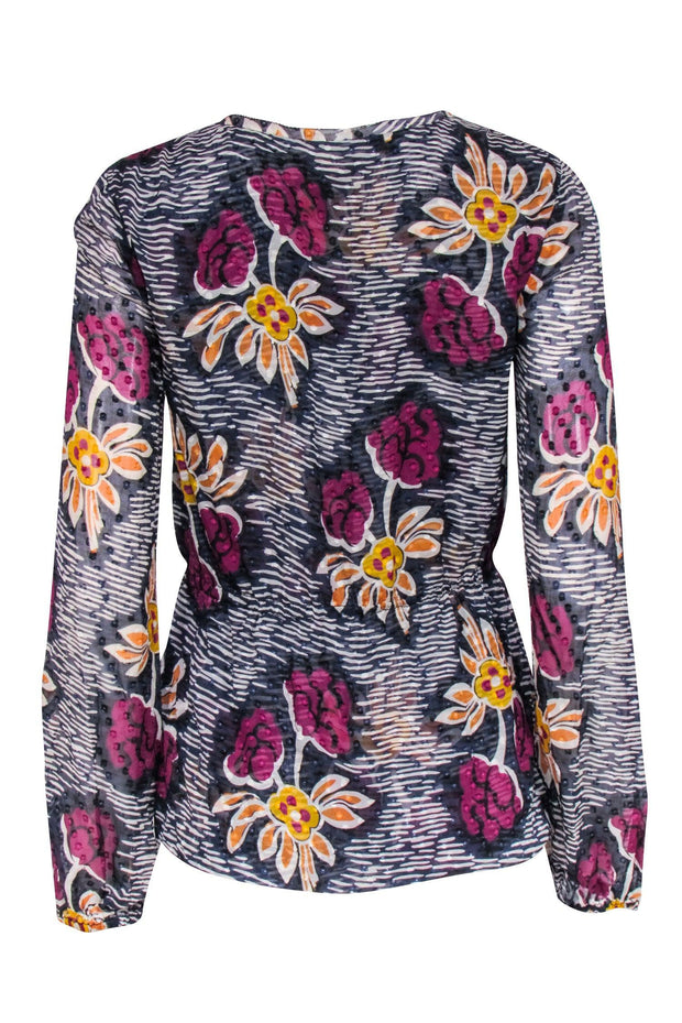Current Boutique-Tory Burch - Navy Floral Print Silk Blouse Sz 4