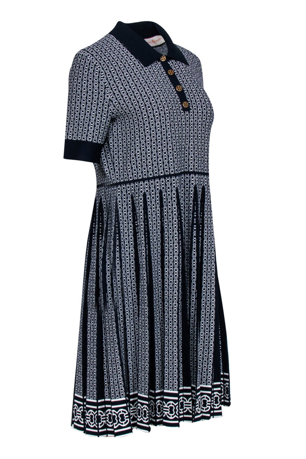 Current Boutique-Tory Burch - Navy & Ivory Double Link Patterned Jacquard Dress Sz L