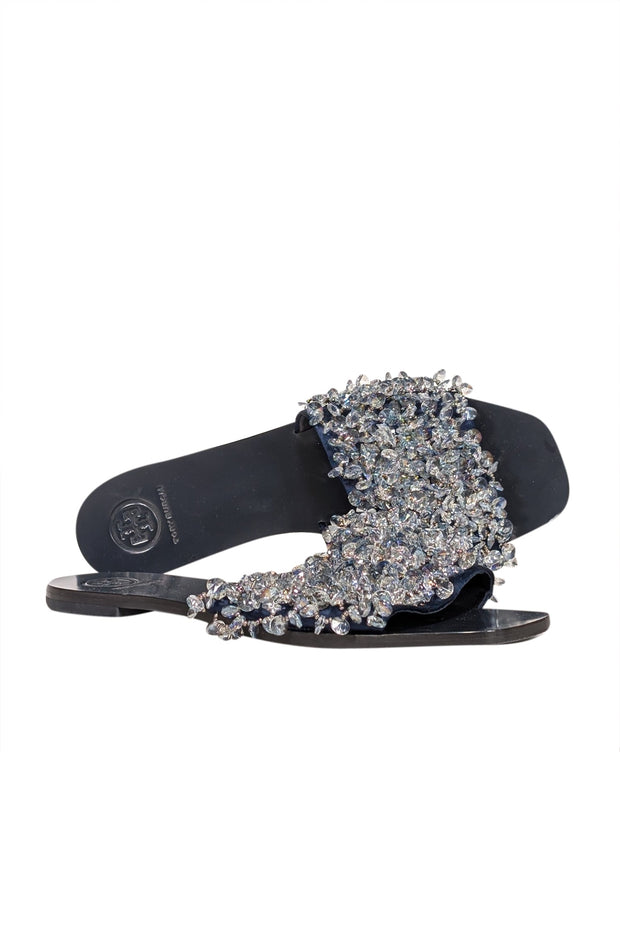 Current Boutique-Tory Burch - Navy Satin Crystal Embellished Sandals Sz 8