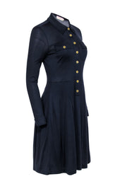 Current Boutique-Tory Burch - Navy Silk Pleated Shirt Dress Sz S