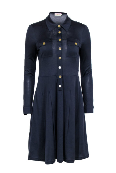 Current Boutique-Tory Burch - Navy Silk Pleated Shirt Dress Sz S