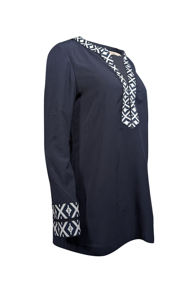 Current Boutique-Tory Burch - Navy & White Embroidered Tunic w/ Zip Cuffs Sz 10