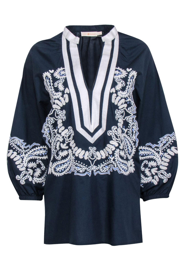 Current Boutique-Tory Burch - Navy & White Paisley Embroidered Tunic Sz XS