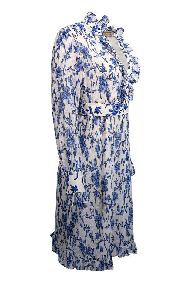 Current Boutique-Tory Burch - Off-White & Blue Floral Print Crinkled Chiffon Dress Sz 8