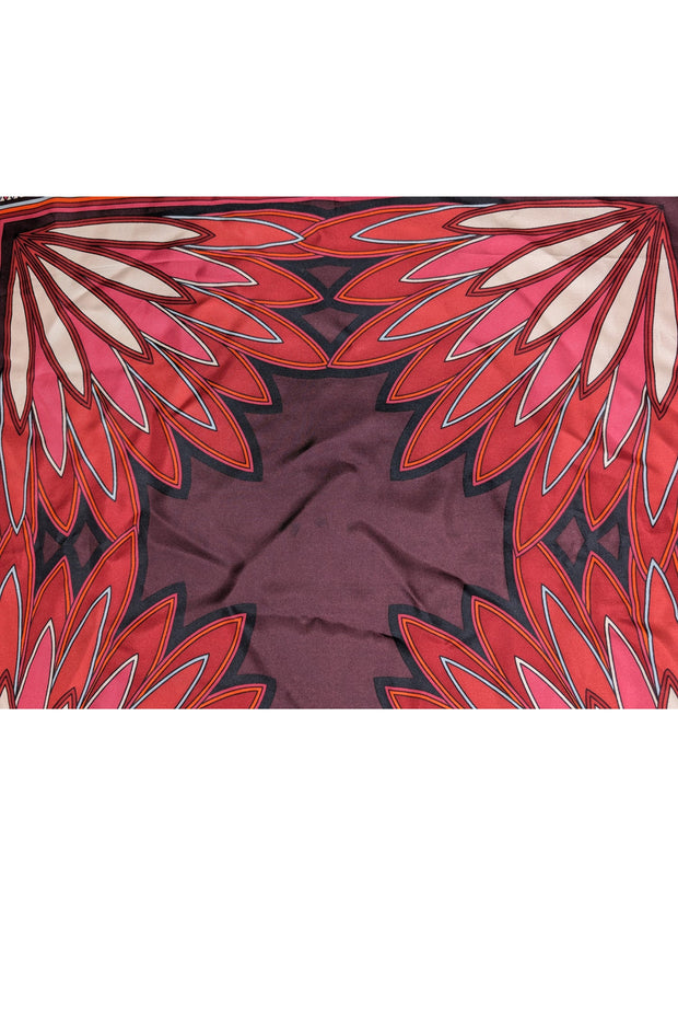 Current Boutique-Tory Burch - Red Multicolor Print Silk Square Scarf w/ Fringe Trim