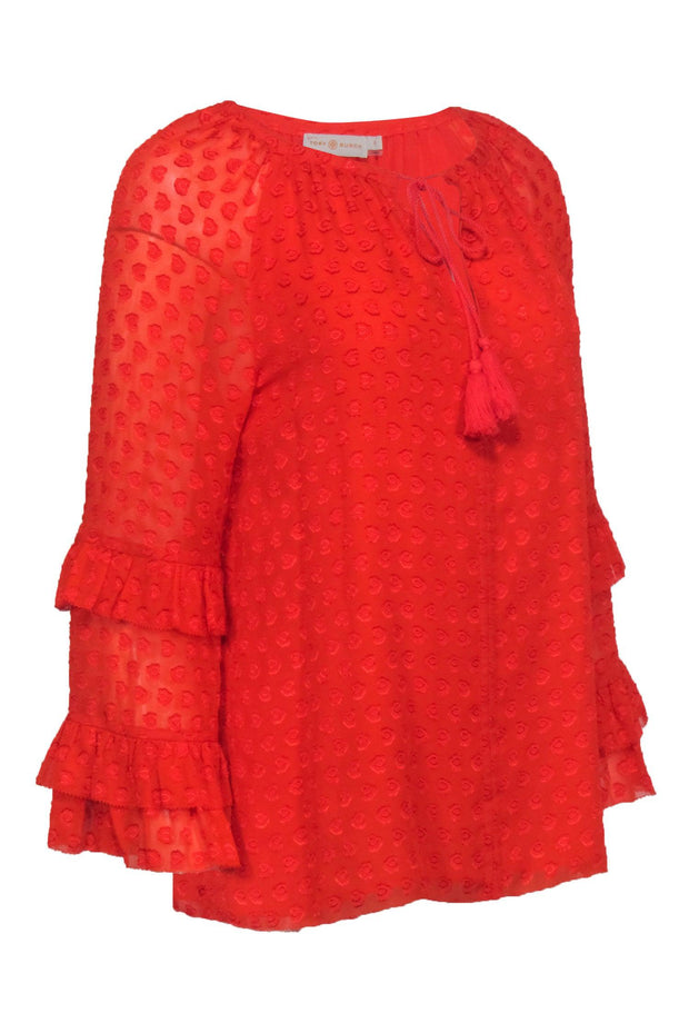 Current Boutique-Tory Burch - Red Orange Floral Textured Long Sleeve Top Sz 6