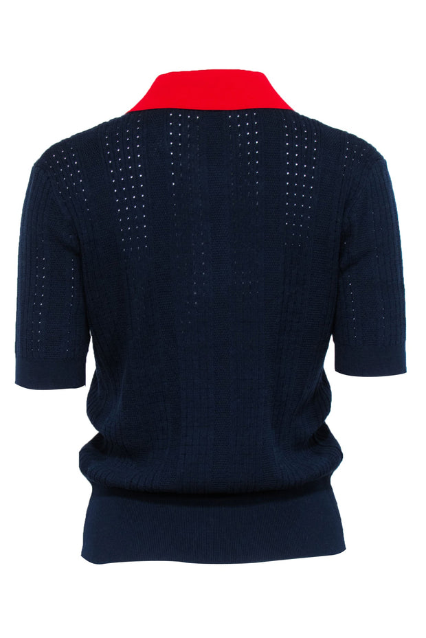 Current Boutique-Tory Burch Sport - Navy Knit Polo Top w/ Red Contrast Collar Sz L