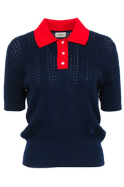 Current Boutique-Tory Burch Sport - Navy Knit Polo Top w/ Red Contrast Collar Sz L