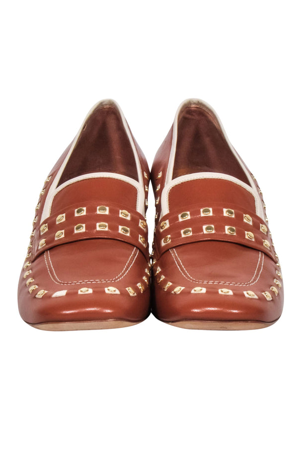 Current Boutique-Tory Burch - Tan Studded Leather Heeled Loafers Sz 9.5