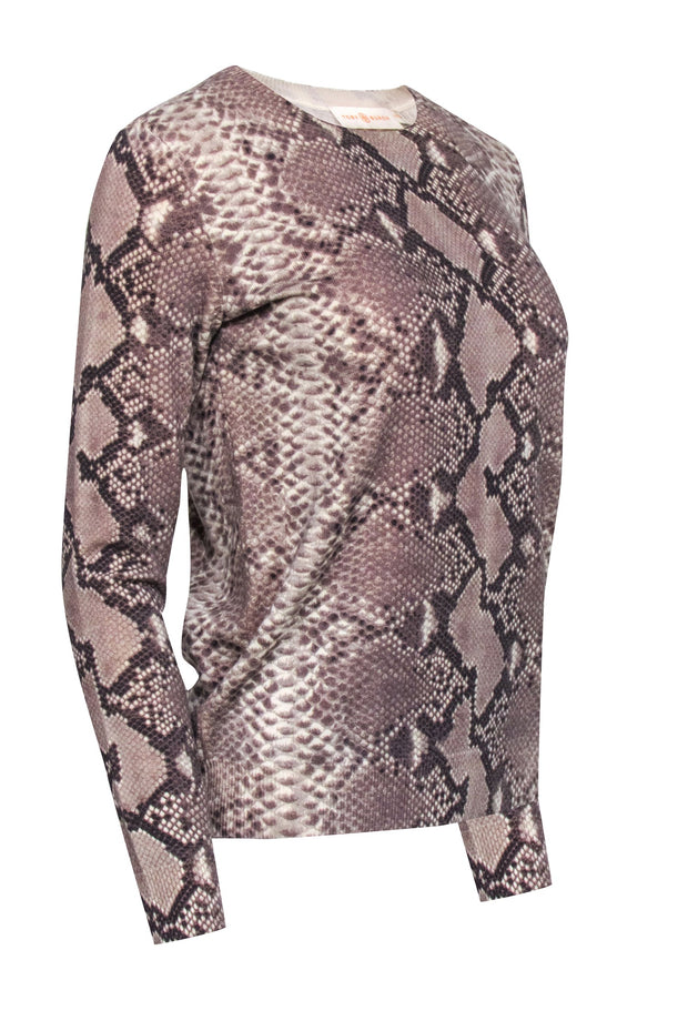 Current Boutique-Tory Burch - Taupe & Beige Snakeskin Print Crewneck Sweater Sz XS