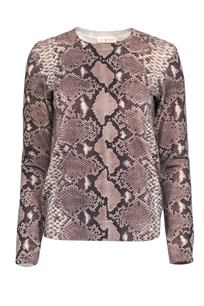 Current Boutique-Tory Burch - Taupe & Beige Snakeskin Print Crewneck Sweater Sz XS