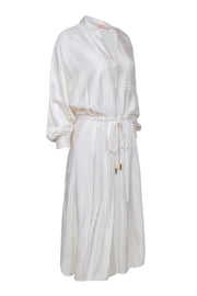 Current Boutique-Tory Burch - White Stripe Satin Long Sleeve Drawstring Dress Sz S