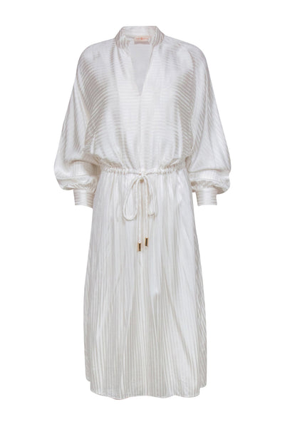 Current Boutique-Tory Burch - White Stripe Satin Long Sleeve Drawstring Dress Sz S