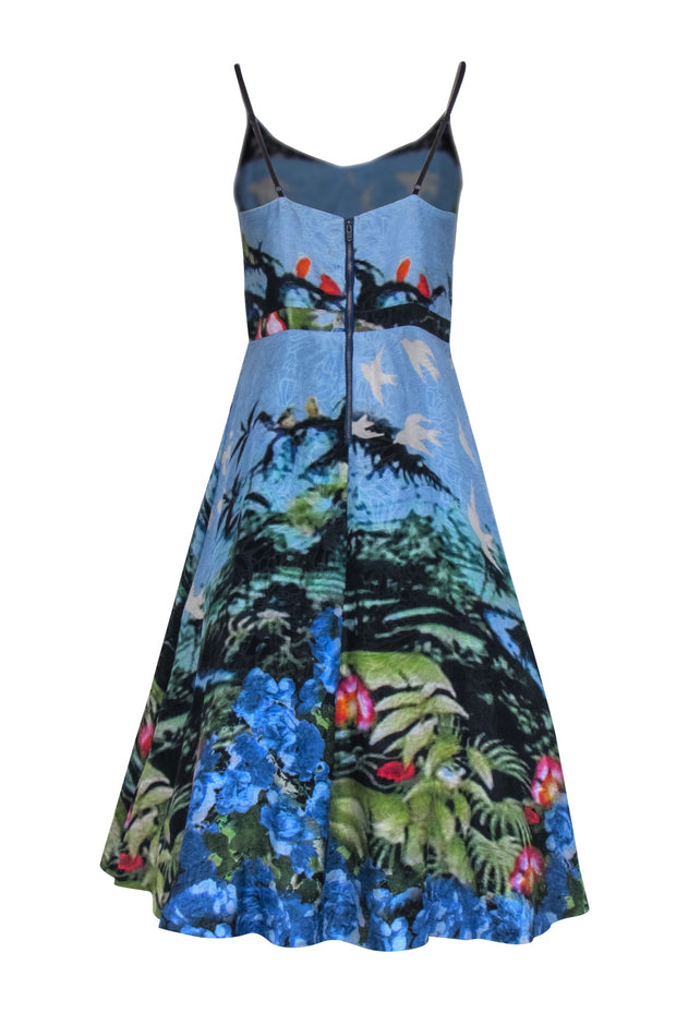 Current Boutique-Tracy Reese - Blue Floral Print Sleeveless Flared Midi Dress Sz 8