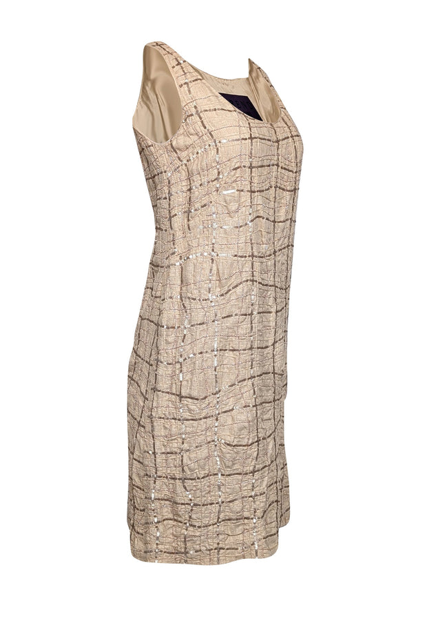 Current Boutique-Trend Les Copains - Beige Silk Beaded Sleeveless Dress Sz 6