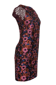 Current Boutique-Trina Turk - Black & Maroon Floral Print Dress w/ Crochet Cap Sleeves Sz 0