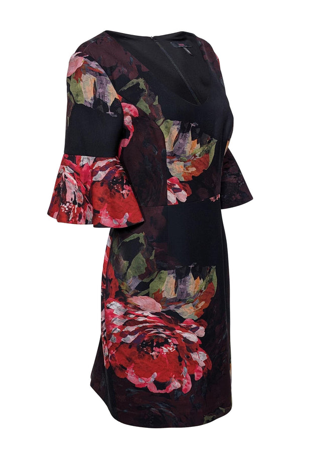 Current Boutique-Trina Turk - Black w/ Red Floral Print Bell Sleeve Dress Sz 10