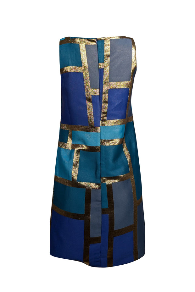 Current Boutique-Trina Turk - Blue & Gold Colorblock Sleeveless Shift Dress Sz 2