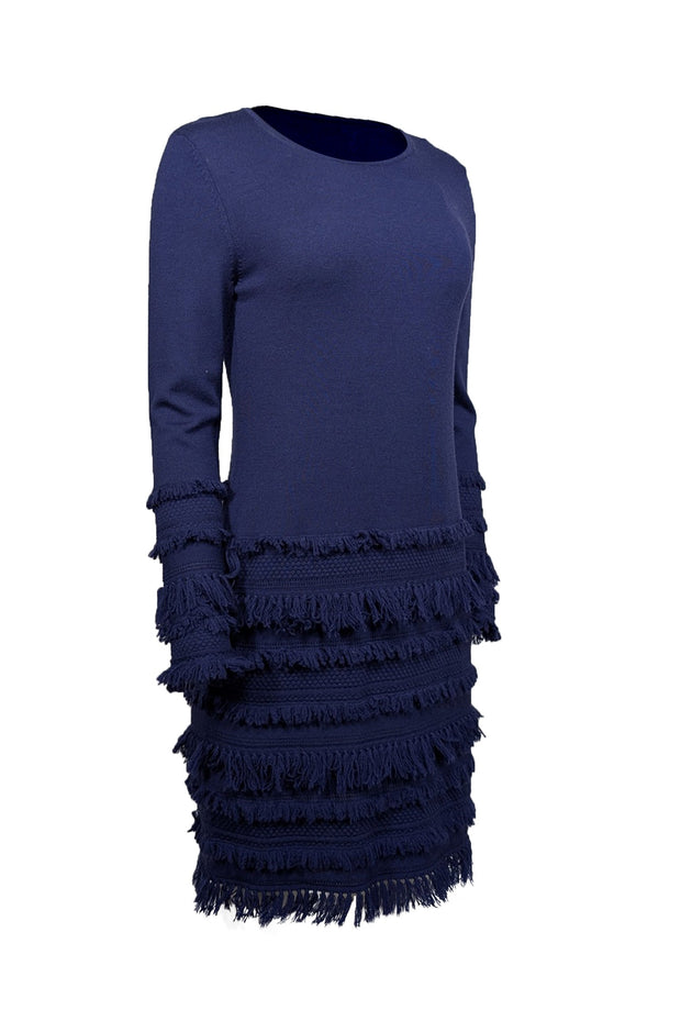 Current Boutique-Trina Turk - Navy Blue Fringe Trimmed Long Sleeve Dress Sz M